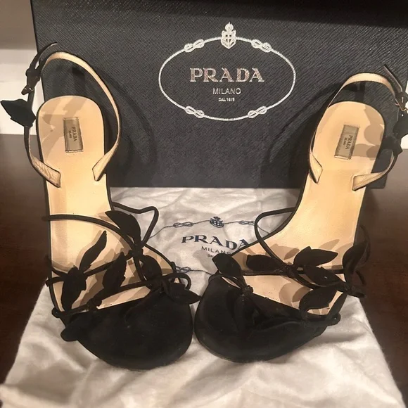 Prada Calzature Donna Camoscio Foglia Black Strappy Heels - Picture 15 of 15